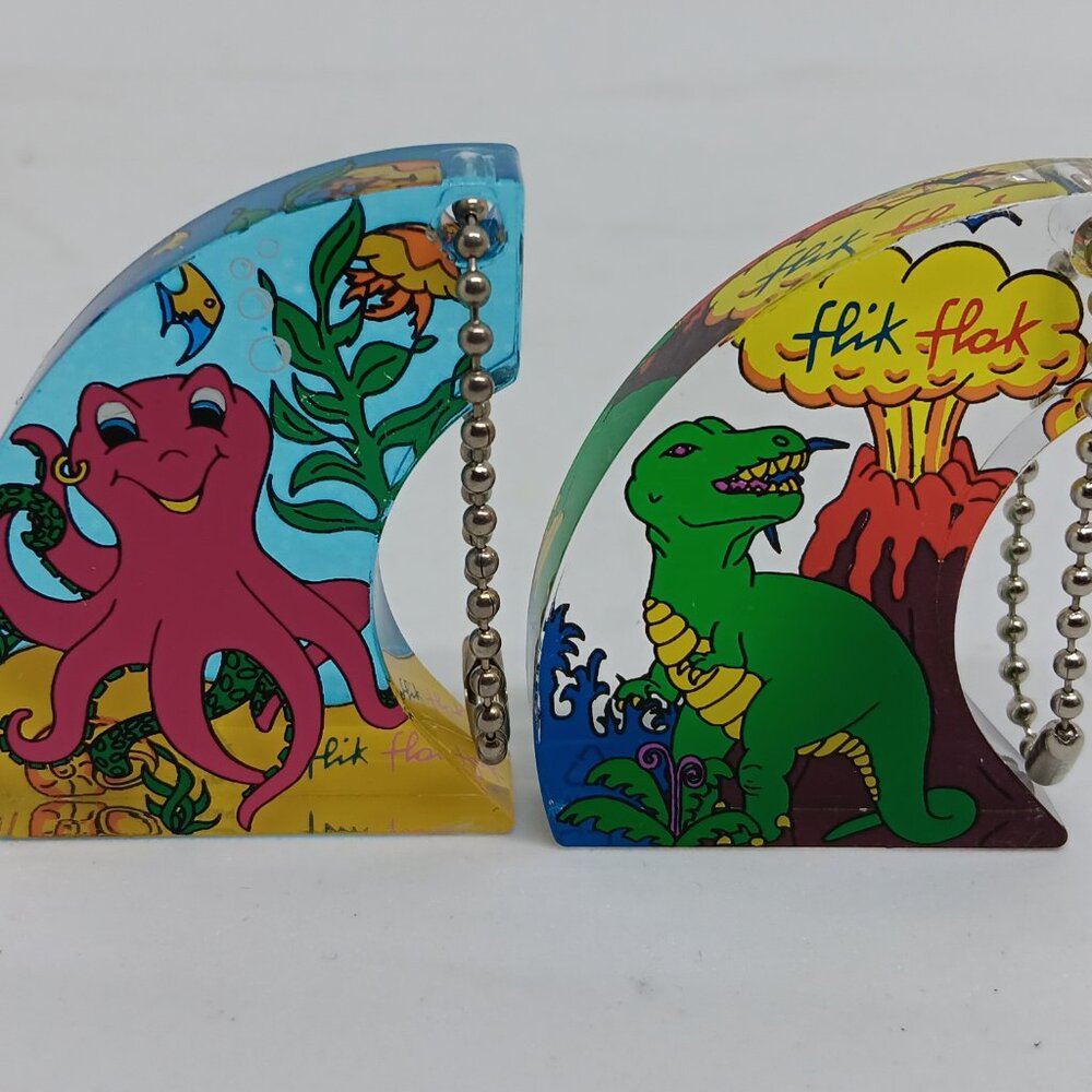 VINTAGE 1990s Swatch Flik Flak Twin Keychain / Bag Tag Set - Dinosaur + Octopus